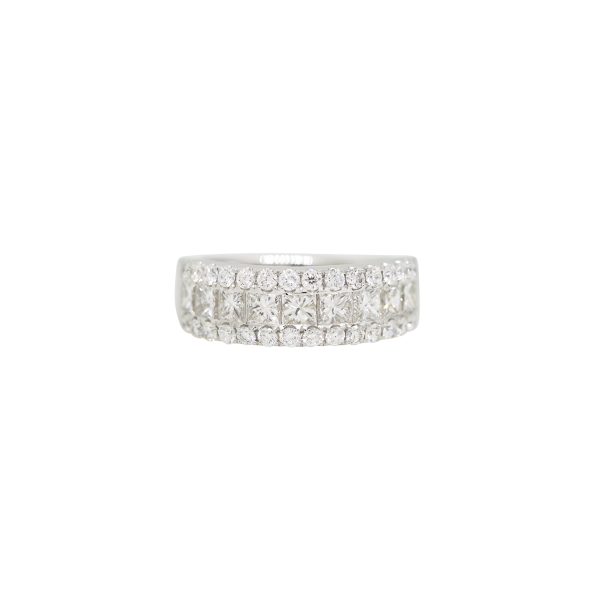 14k White Gold 2.39ctw Natural Princess & Round Brilliant Cut Diamond 3-Row Ring