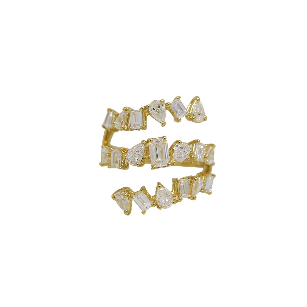 18k Yellow Gold 2.29ctw Natural Multi-Shape Diamond 3-Row Wrap Around Ring