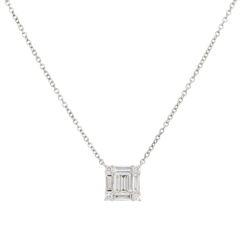 18k White Gold 0.74ctw Round Brilliant & Baguette Diamond Square Necklace