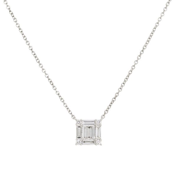 18k White Gold 0.74ctw Round Brilliant & Baguette Diamond Square Necklace
