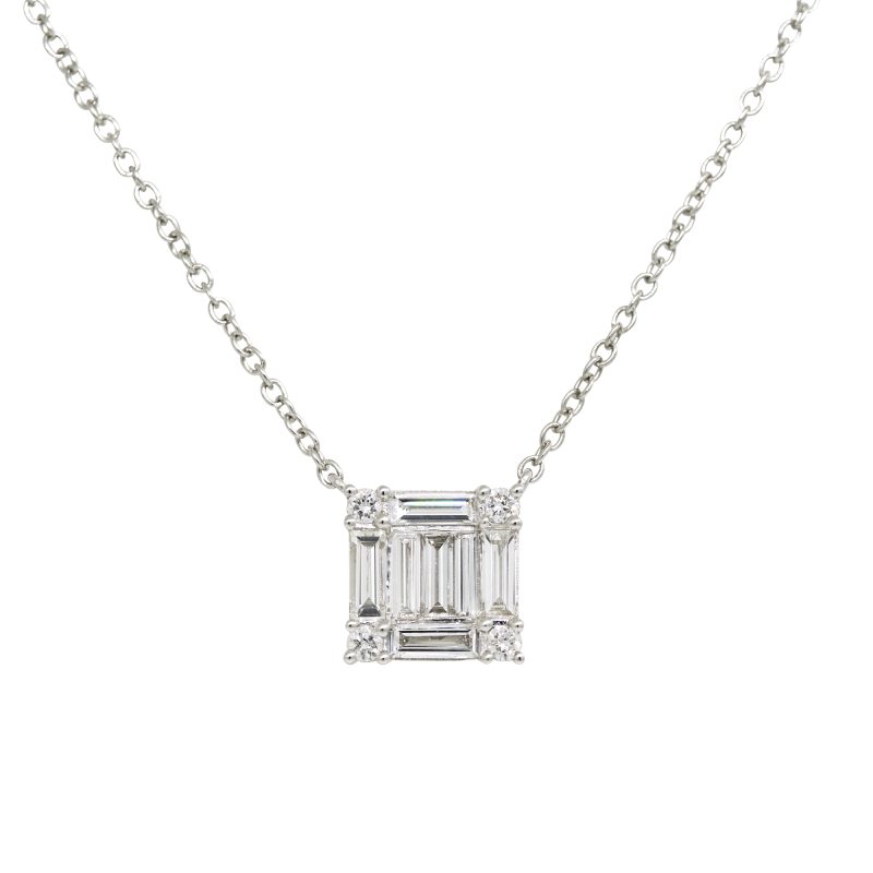 18k White Gold 0.74ctw Round Brilliant & Baguette Diamond Square Necklace