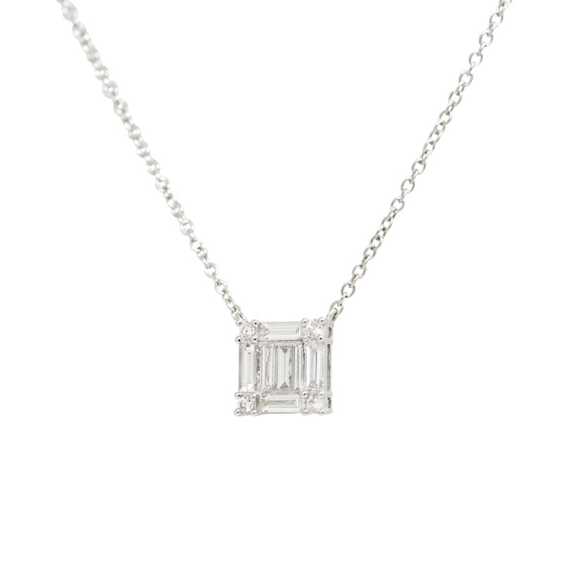 18k White Gold 0.74ctw Round Brilliant & Baguette Diamond Square Necklace