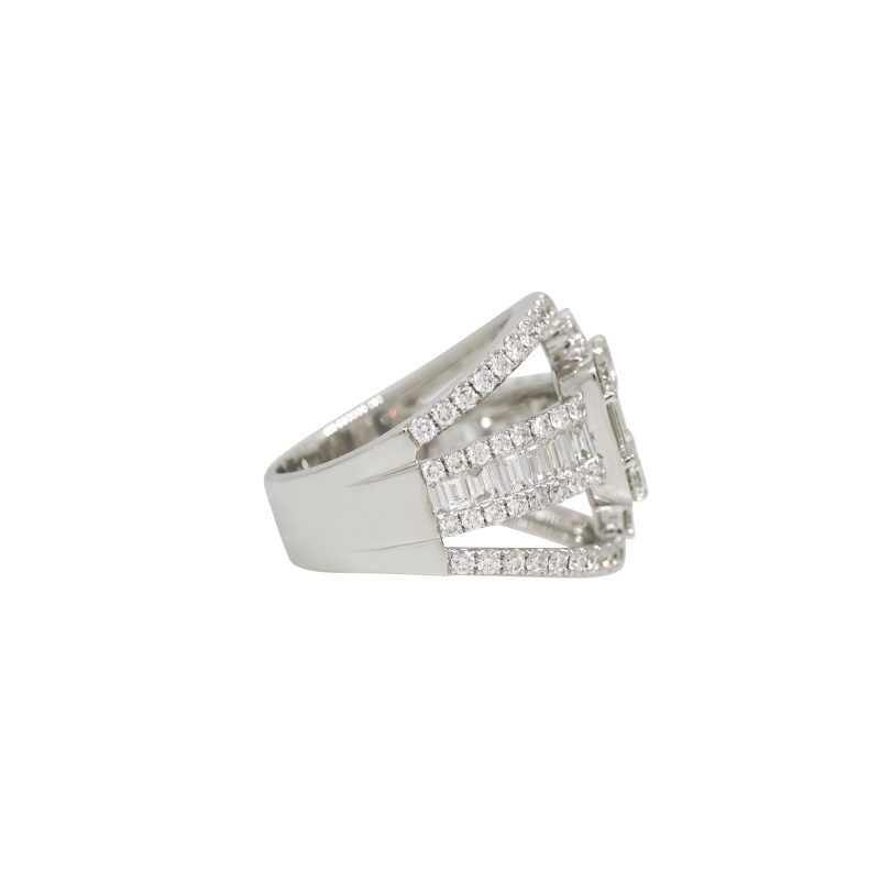 18k White Gold 2.87ctw Natural Round Brilliant & Baguette Cut Diamond Mosaic Open Ring