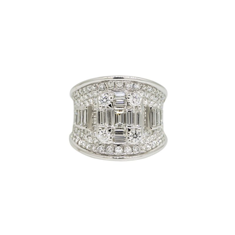 18k White Gold 2.47ctw Natural Round Brilliant & Baguette Cut Diamond Mosaic Ring