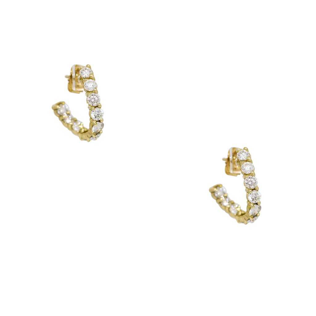14k Yellow Gold 3.0ctw Natural Round Brilliant Cut Diamond "J Shape" Hoop Earrings
