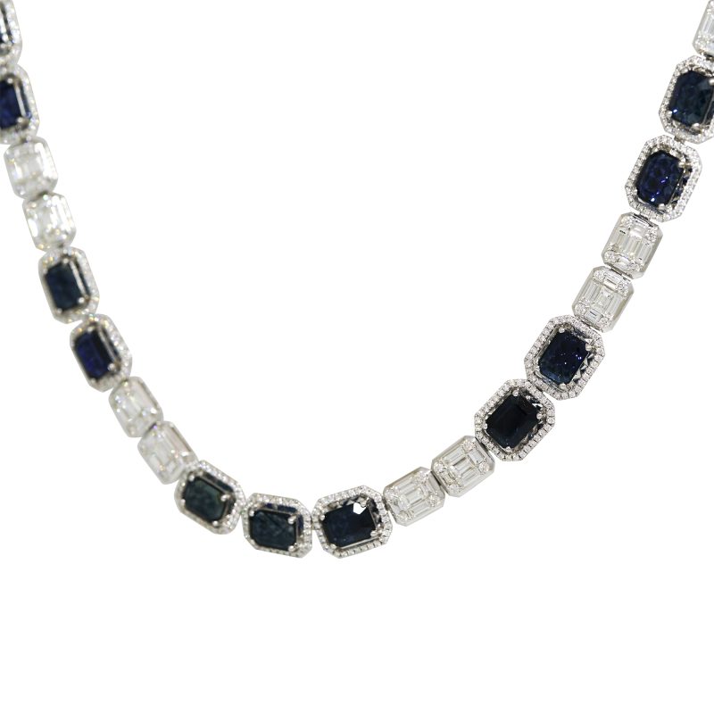 18k White Gold 18.78ctw Sapphire & 13.07ctw Diamond Mosaic Alternating Necklace