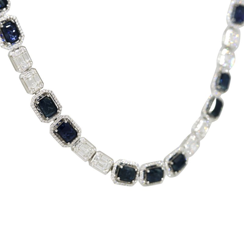 18k White Gold 18.78ctw Sapphire & 13.07ctw Diamond Mosaic Alternating Necklace