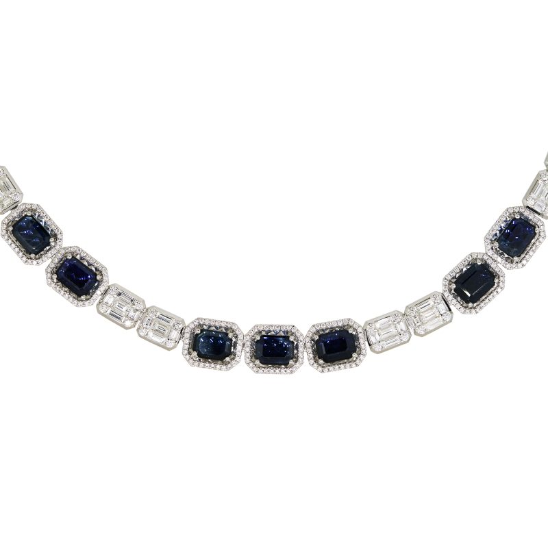 18k White Gold 18.78ctw Sapphire & 13.07ctw Diamond Mosaic Alternating Necklace