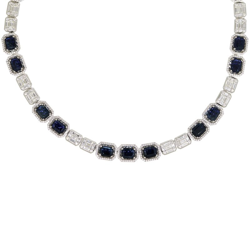 18k White Gold 18.78ctw Sapphire & 13.07ctw Diamond Mosaic Alternating Necklace