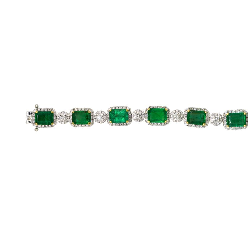 18k Two-Tone Gold 14.95ctw Emerald & Diamond Halo Alternating Bracelet