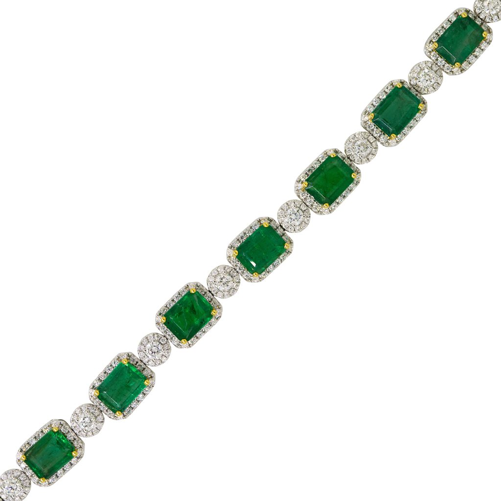 18k Two-Tone Gold 14.95ctw Emerald & Diamond Halo Alternating Bracelet