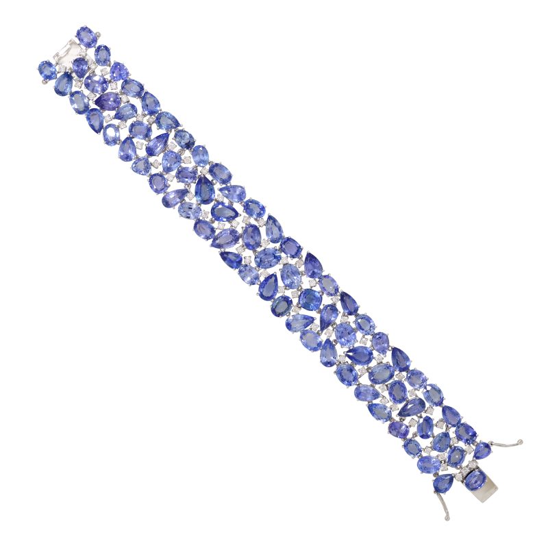 18k White Gold 81.31ctw Natural Multi-Shape Sapphire & Diamond 3-Row Bracelet