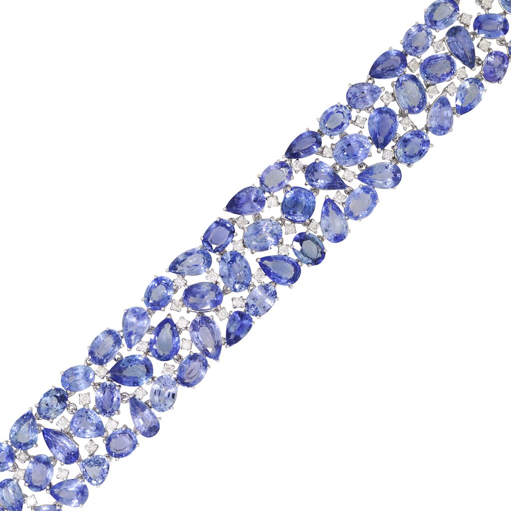 18k White Gold 81.31ctw Natural Multi-Shape Sapphire & Diamond 3-Row Bracelet