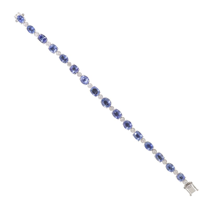 18k White Gold 18.75ctw Unheated Sapphire & Natural Diamond Alternating Tennis Bracelet