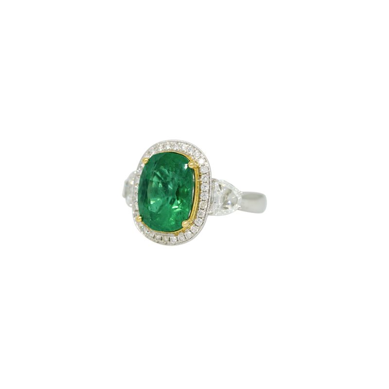 GIA 18k Two-Tone Gold Natural 5.26 Carat Emerald & Half-Moon Diamond Side Stone Ring