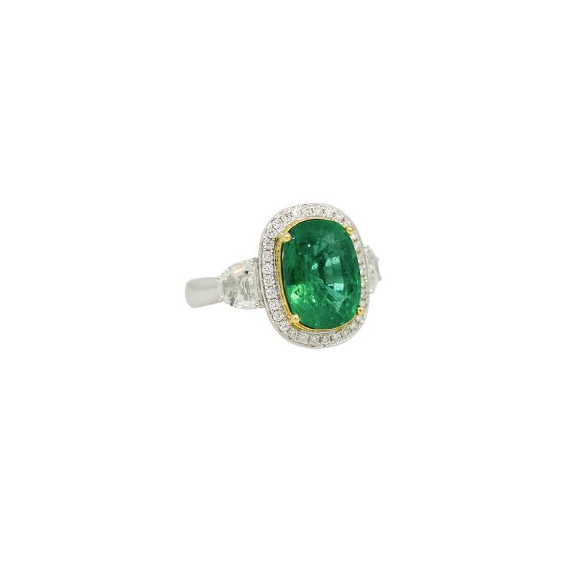 GIA 18k Two-Tone Gold Natural 5.26 Carat Emerald & Half-Moon Diamond Side Stone Ring