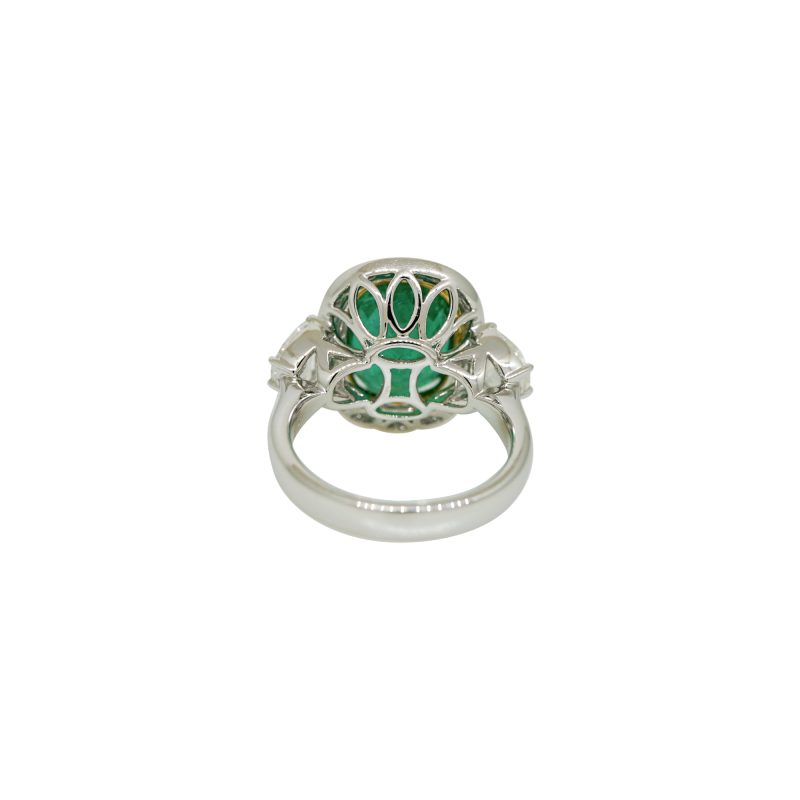 GIA 18k Two-Tone Gold Natural 5.26 Carat Emerald & Half-Moon Diamond Side Stone Ring