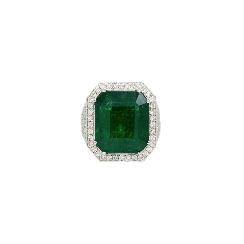 GIA 18k White Gold Natural 13.07 Carat Emerald & Natural Diamond Halo Ring