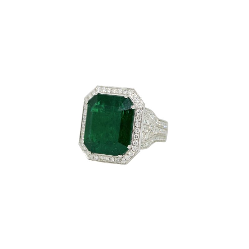 GIA 18k White Gold Natural 13.07 Carat Emerald & Natural Diamond Halo Ring