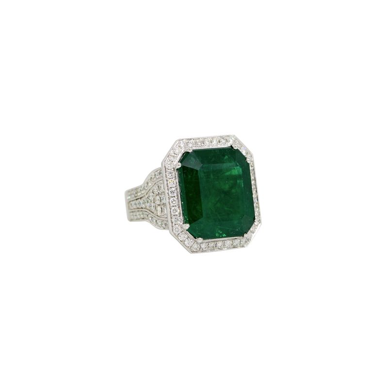 GIA 18k White Gold Natural 13.07 Carat Emerald & Natural Diamond Halo Ring