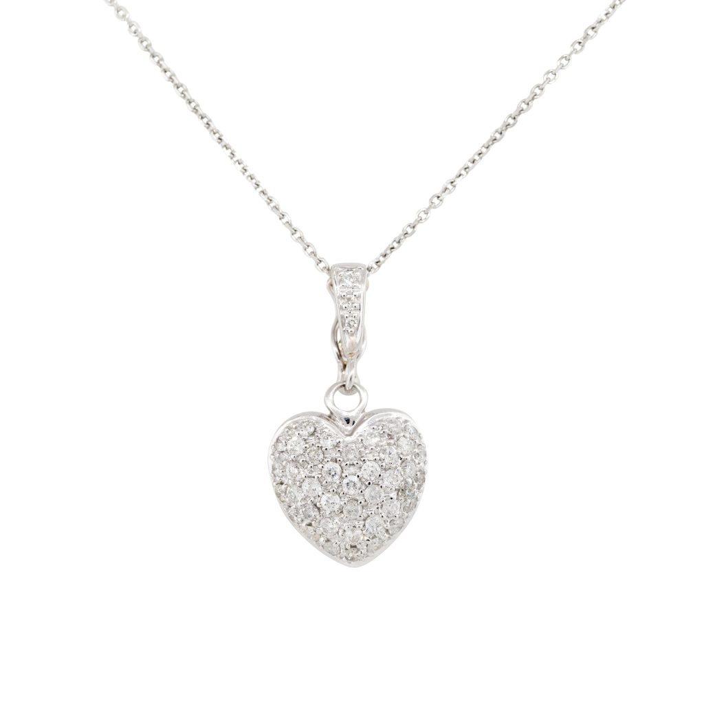 14k White Gold Natural 0.75 Carat Diamond Pave Heart Pendant Necklace