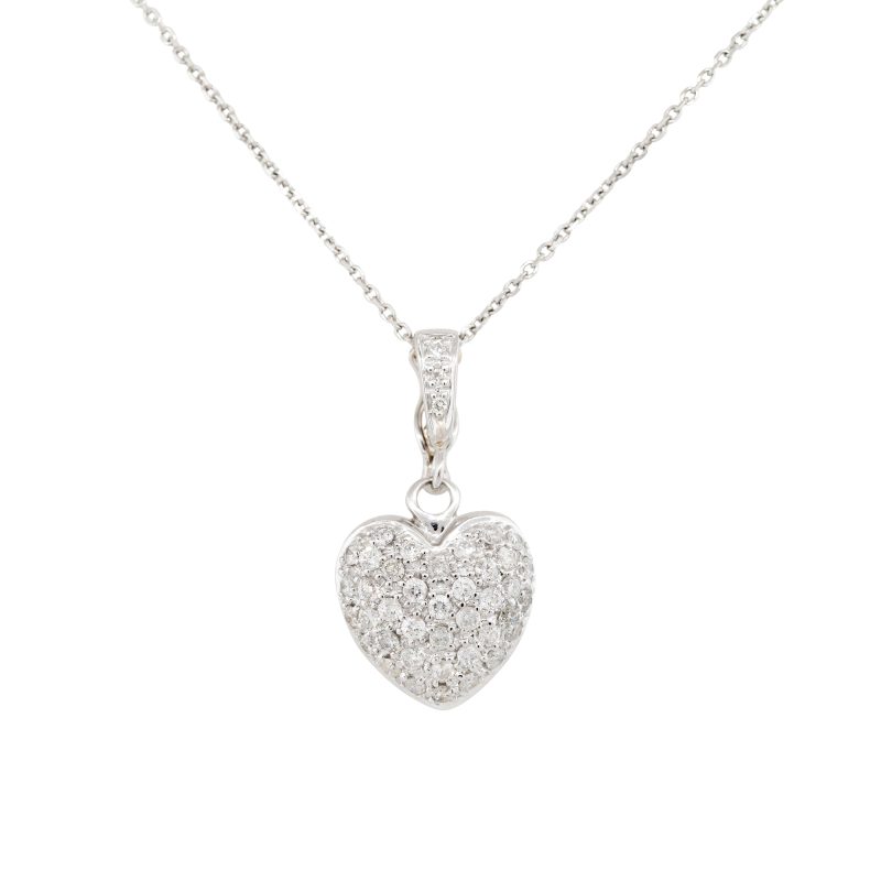 14k White Gold Natural 0.75 Carat Diamond Pave Heart Pendant Necklace