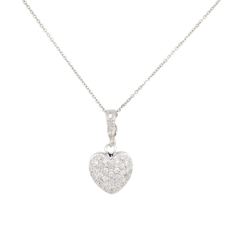 14k White Gold Natural 0.75 Carat Diamond Pave Heart Pendant Necklace