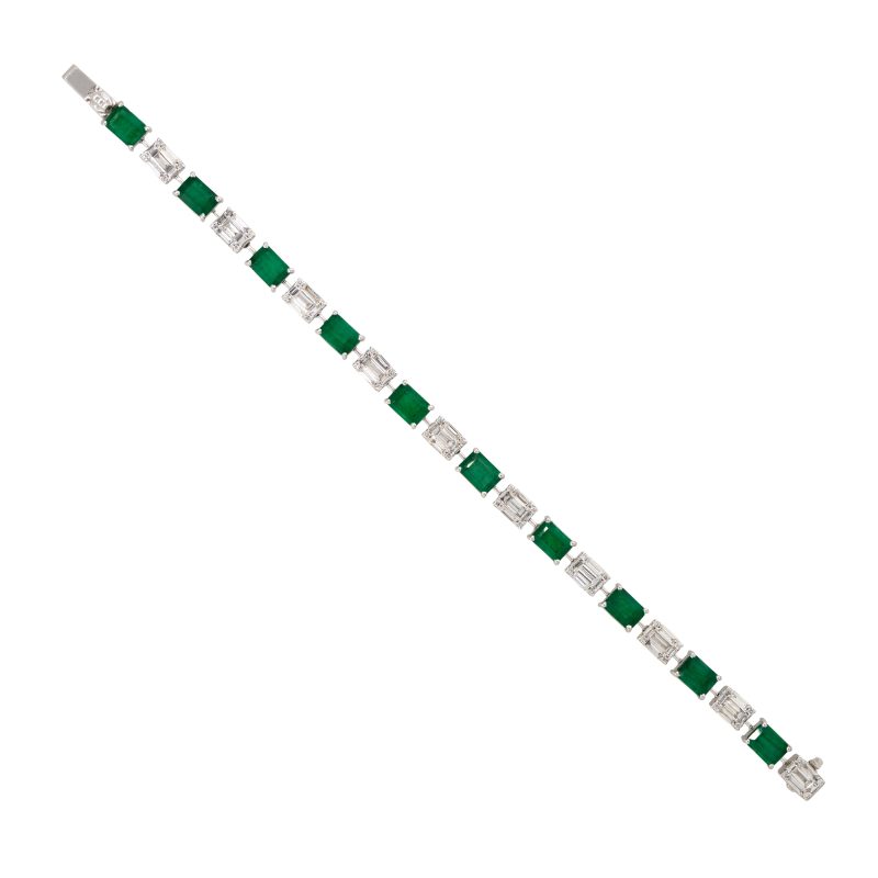 18k White Gold 2.8ctw Natural Diamond Mosaic & Emerald Alternating Bracelet