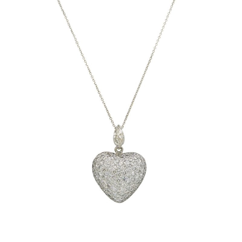 18k Two-Tone Gold Natural 4.40 Carat Diamond Pave & Marquise Heart Pendant Necklace