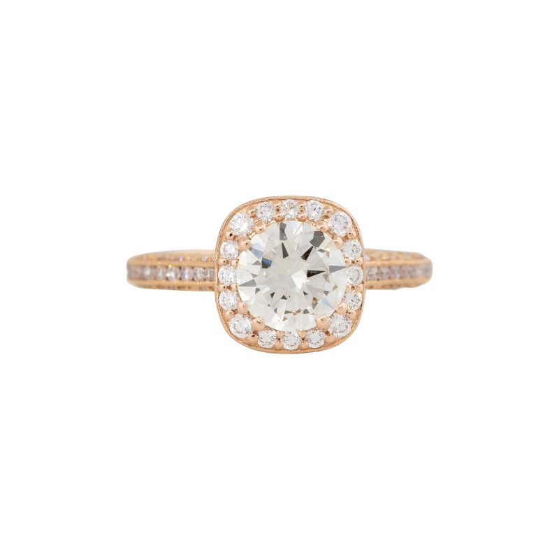 GIA 18k Rose Gold Natural 1.63 Carat Round Brilliant Cut Diamond Halo Engagement Ring