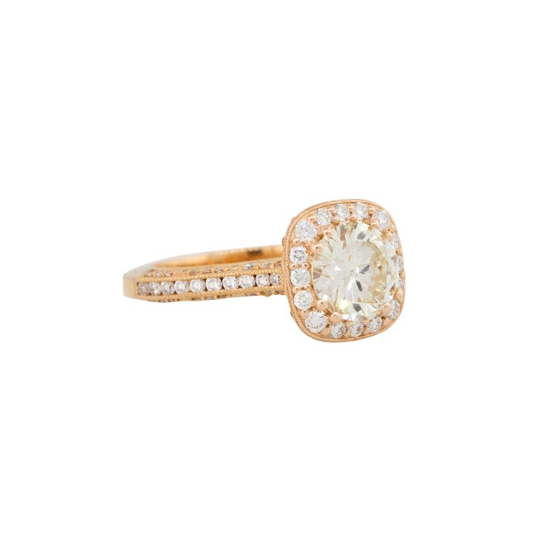 GIA 18k Rose Gold Natural 1.63 Carat Round Brilliant Cut Diamond Halo Engagement Ring