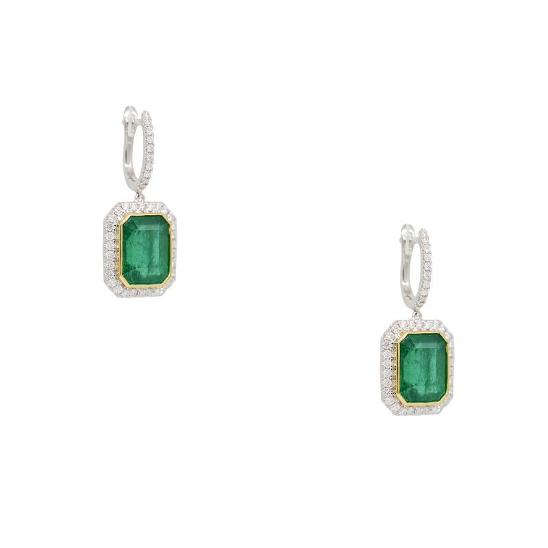 18k Two-Tone Natural Emerald & Natural Diamond Halo Drop Earrings