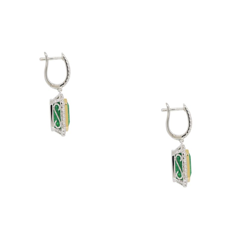 18k Two-Tone Natural Emerald & Natural Diamond Halo Drop Earrings