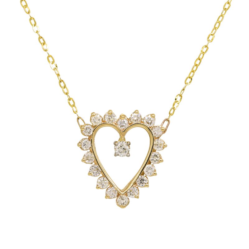 14k Yellow Gold Natural 0.90 Carat Diamond Open Heart Necklace