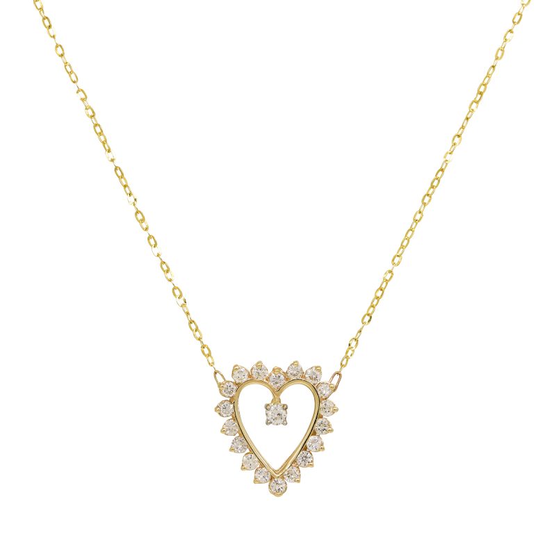 14k Yellow Gold Natural 0.90 Carat Diamond Open Heart Necklace