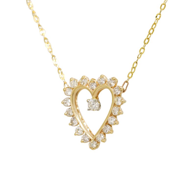 14k Yellow Gold Natural 0.90 Carat Diamond Open Heart Necklace