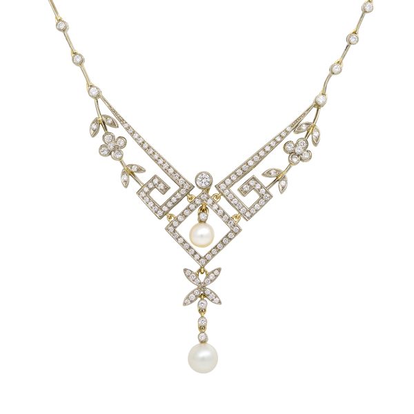 18k Two-Tone Gold Natural 1.95 Carat Diamond & Pearl Open Work Necklace