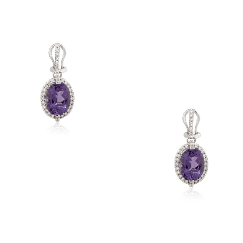 14k White Gold 4.5 Carat Amethyst & 1.05 Carat Diamond Halo Drop Earrings