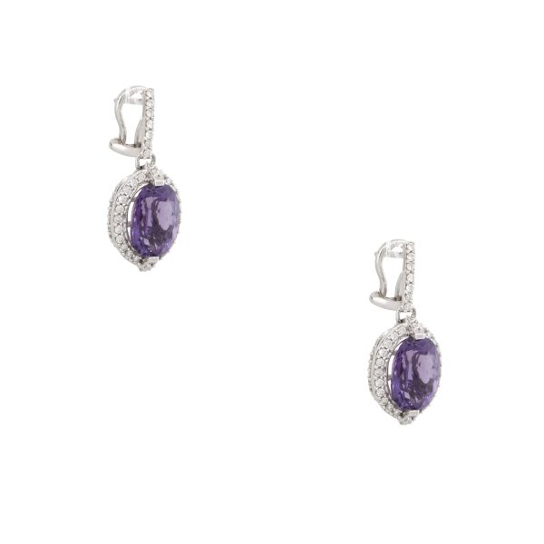 14k White Gold 4.5 Carat Amethyst & 1.05 Carat Diamond Halo Drop Earrings