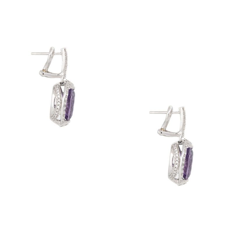 14k White Gold 4.5 Carat Amethyst & 1.05 Carat Diamond Halo Drop Earrings