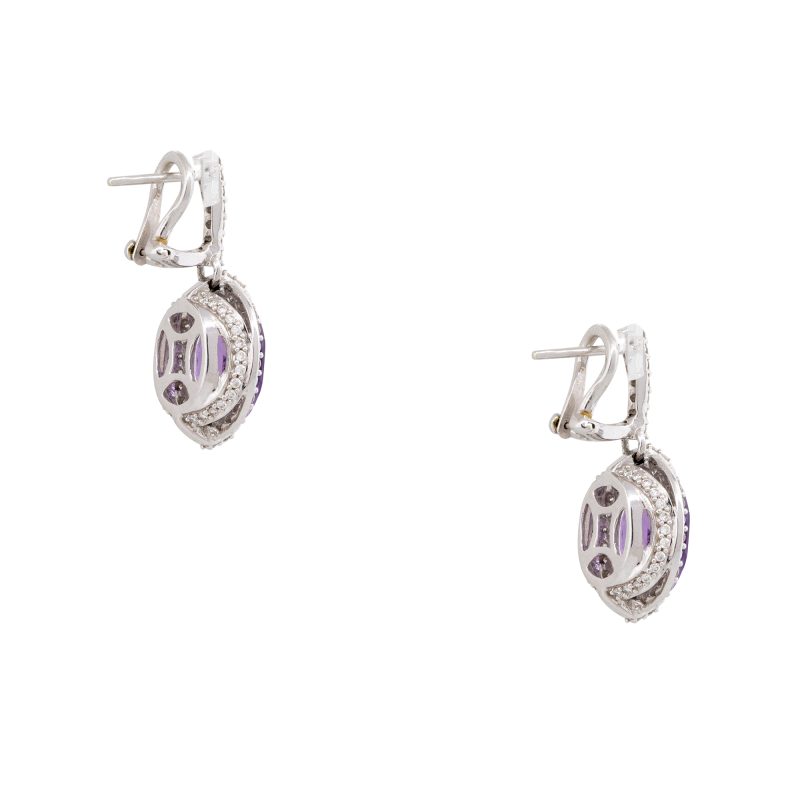 14k White Gold 4.5 Carat Amethyst & 1.05 Carat Diamond Halo Drop Earrings