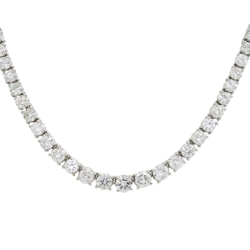 Platinum Natural 15.2 Carat Round Brilliant Cut Diamond Graduated Tennis Necklace