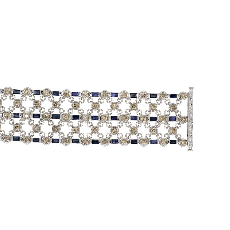 14k White Gold Natural 6.5 Carat Diamond & 3.75 Carat Sapphire Wide Bracelet