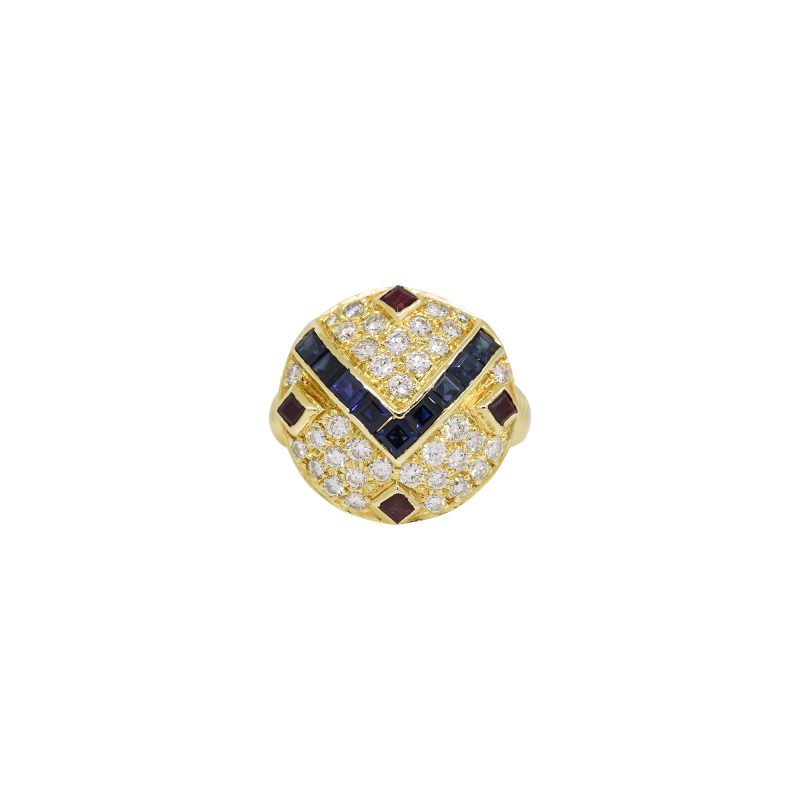 18k Yellow Gold Natural Diamond, Sapphire & Ruby Art Deco Ring