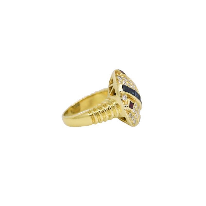 18k Yellow Gold Natural Diamond, Sapphire & Ruby Art Deco Ring