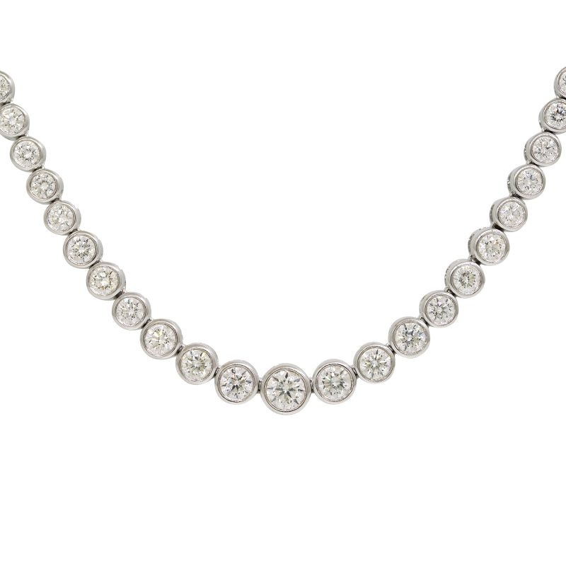 14k White Gold Natural 3.42 Carat Round Brilliant Diamond Bezel Set Half-Way Tennis Necklace