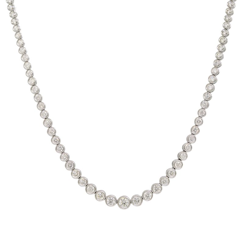 14k White Gold Natural 3.42 Carat Round Brilliant Diamond Bezel Set Half-Way Tennis Necklace