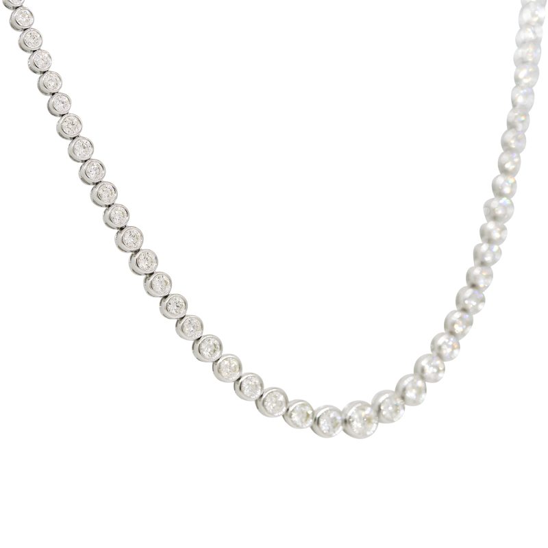 14k White Gold Natural 3.42 Carat Round Brilliant Diamond Bezel Set Half-Way Tennis Necklace