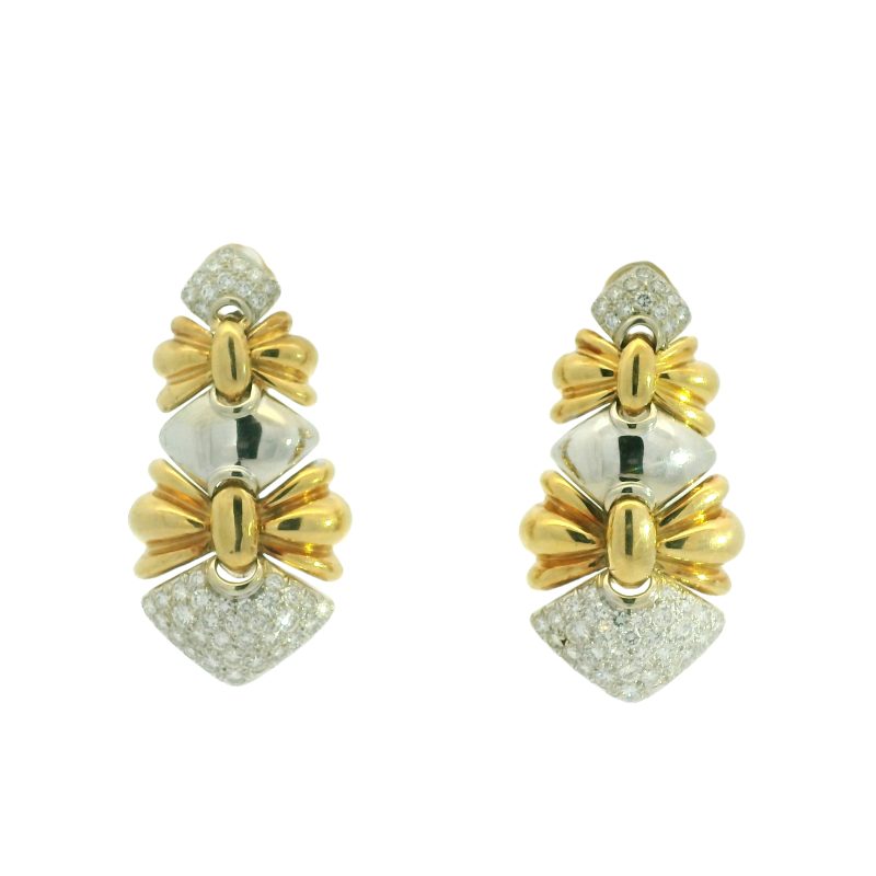 18k Two-Tone Natural 1.90 Carat Diamond Tip Dangle Drop Earrings