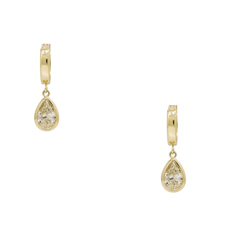 14k Yellow Gold Natural 1.94 Carat Pear-Shape Diamond Huggie Drop Earrings